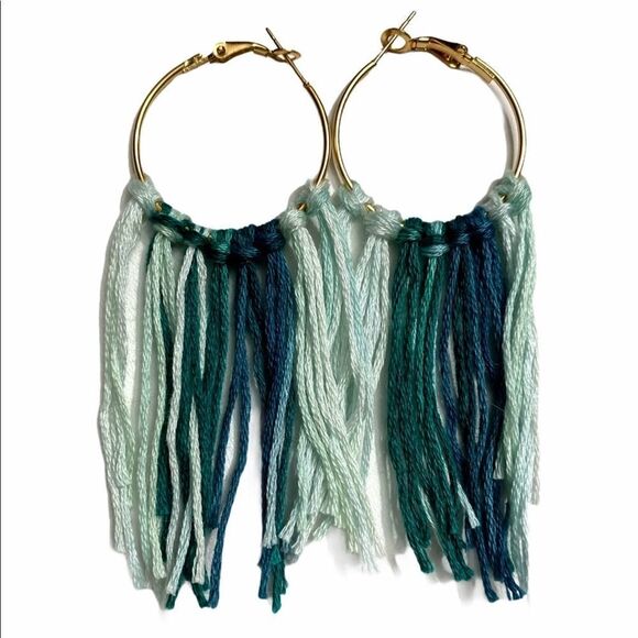 Boho Fringe Tassel Gold Hoop Earrings‎ Green Medium - Picture 1 of 7